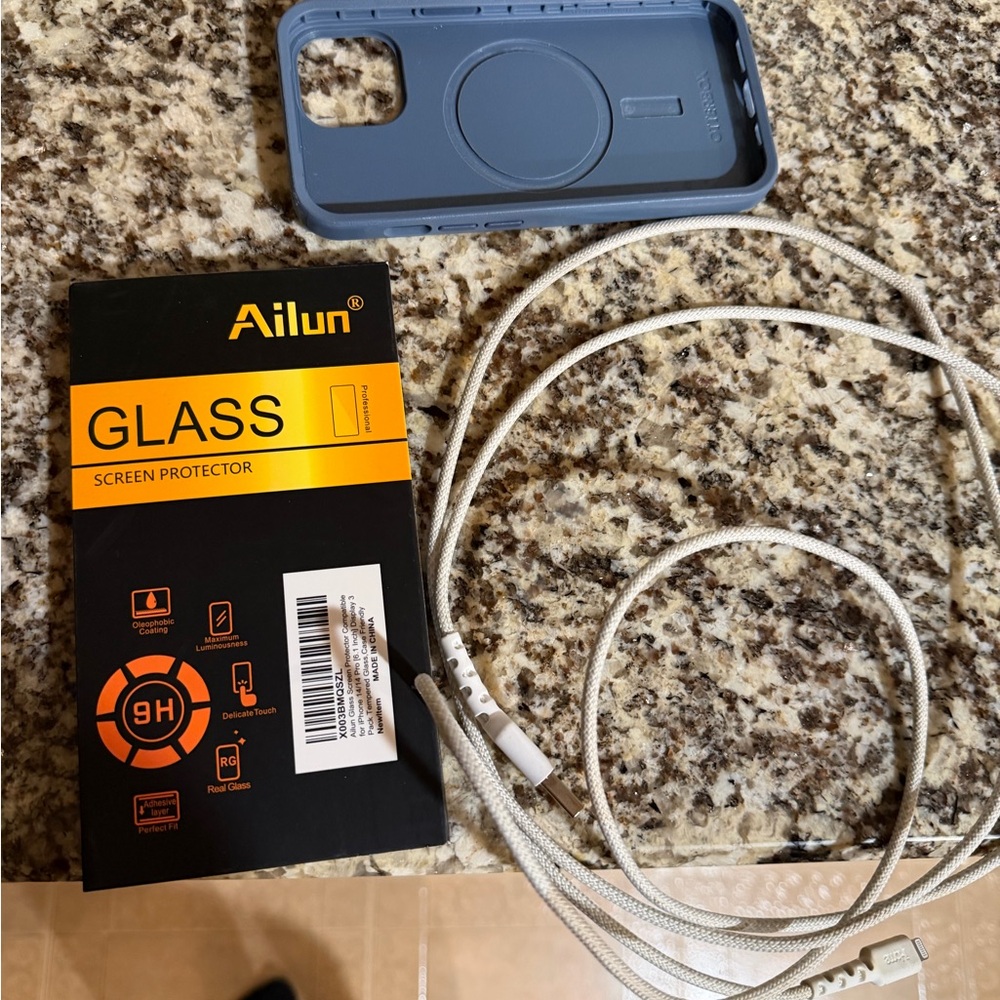 OtterBox Blue Case with White Cable and Screen Protector